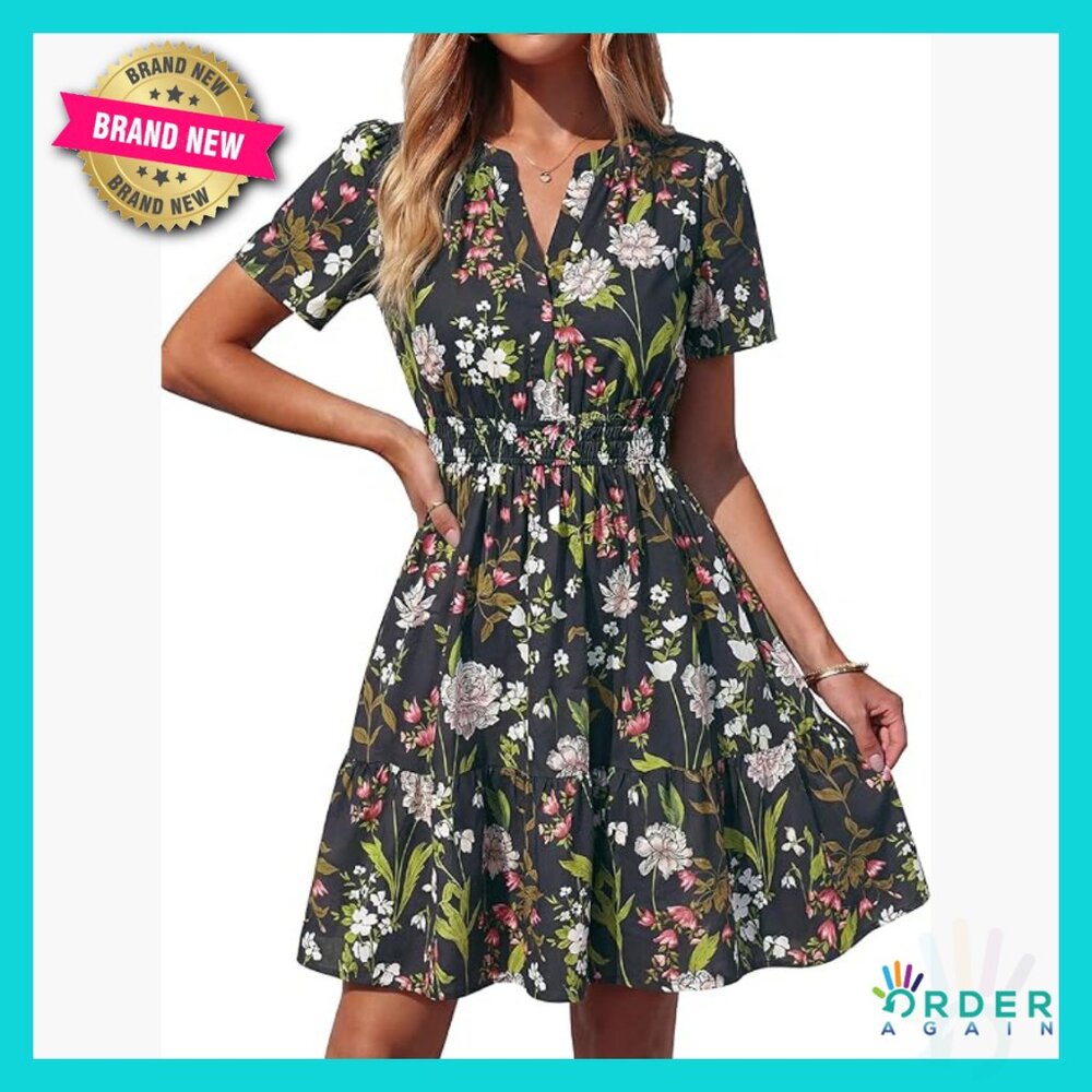 Lightweight Floral Mini Dress Casual Boho A-Line Summer Sundress with Pockets